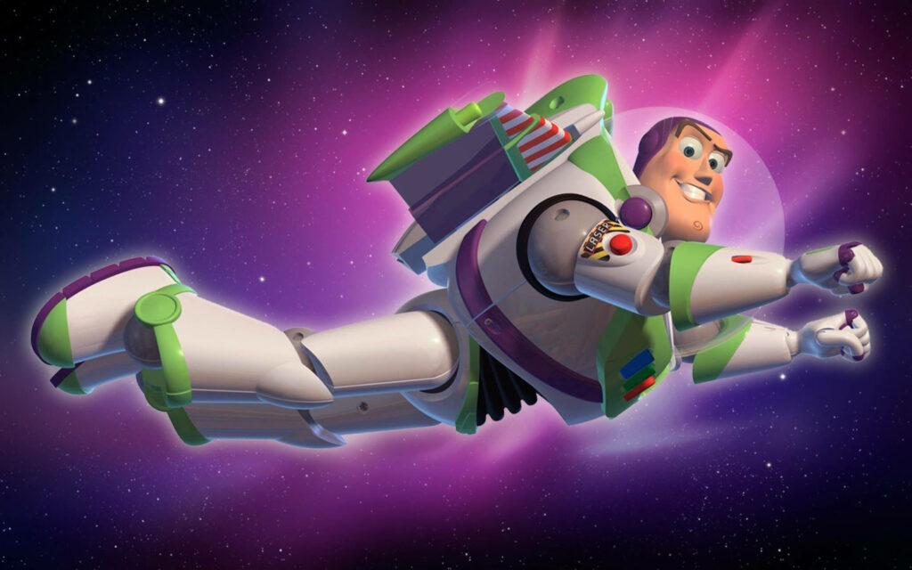 Buzz Lightyear flying in iconic green and white spacesuit against vibrant purple space backdrop Wallpaper