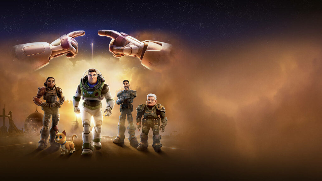 Buzz Lightyear and team heroically stand in glowing smoky background from Lightyear movie wallpaper