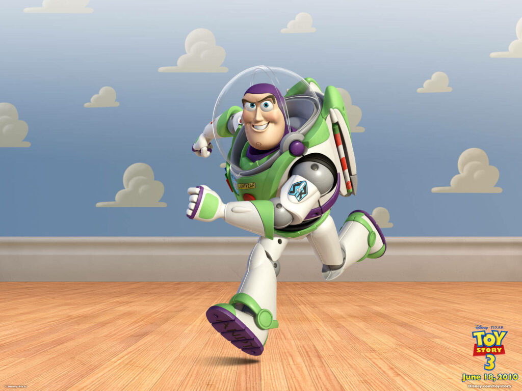 Buzz Lightyear Joyful Wallpaper: Playful Cloud & Wood Background