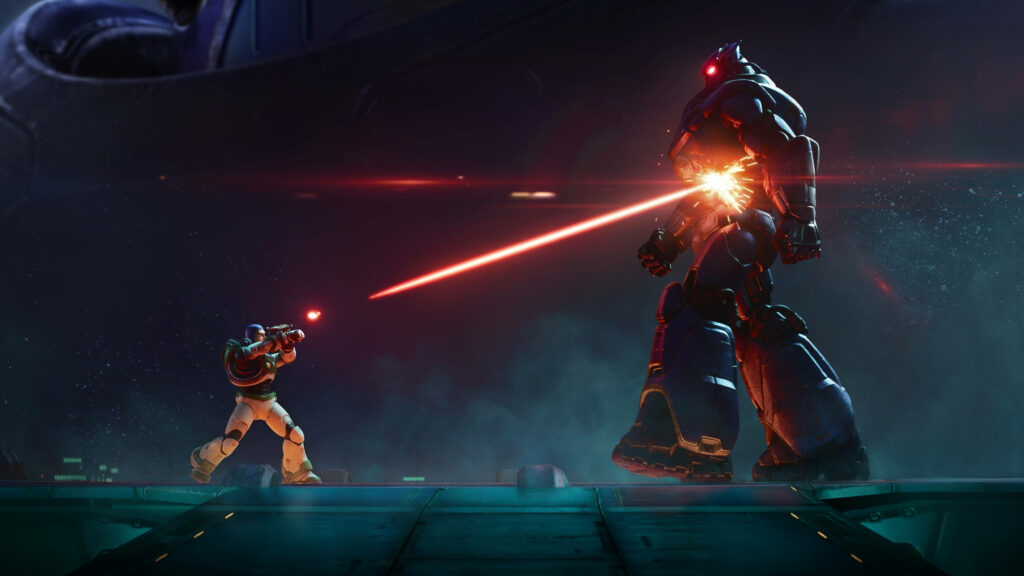 Buzz Lightyear firing red laser at giant robot in intense sci-fi battle wallpaper background
