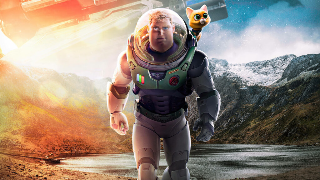 Buzz Lightyear walking rugged mountain with robotic cat on shoulder dramatic sky wallpaper background