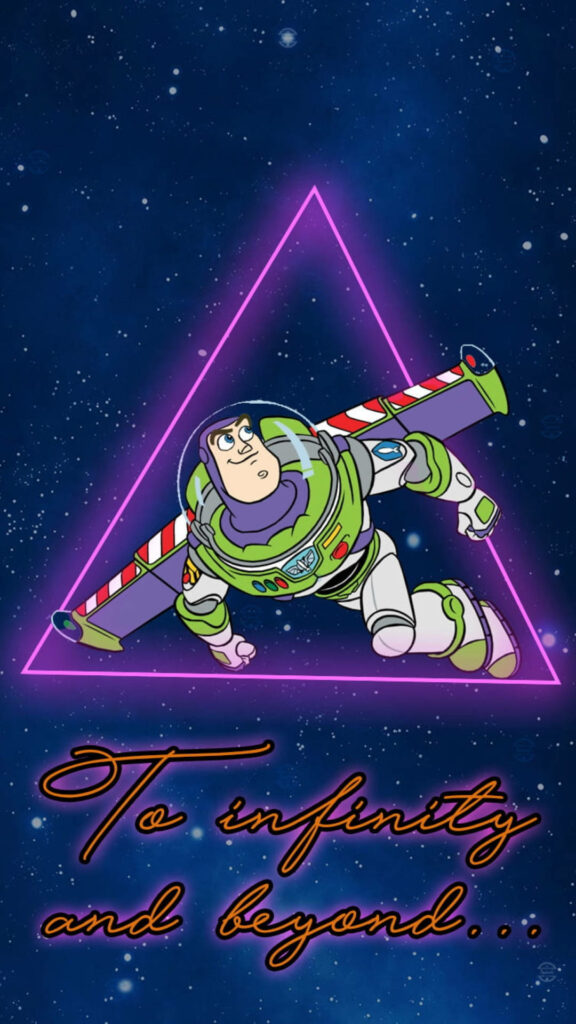 Buzz Lightyear flying through neon triangle starry galaxy vibrant colorful futuristic wallpaper