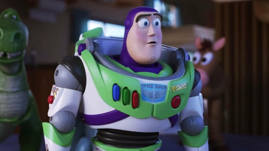 Buzz Lightyear in spacesuit with puzzled look colorful animated wallpaper background
