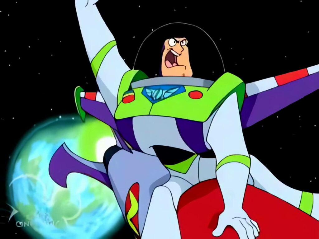 Buzz Lightyear riding red rocket through outer space with planets and stars background wallpaper