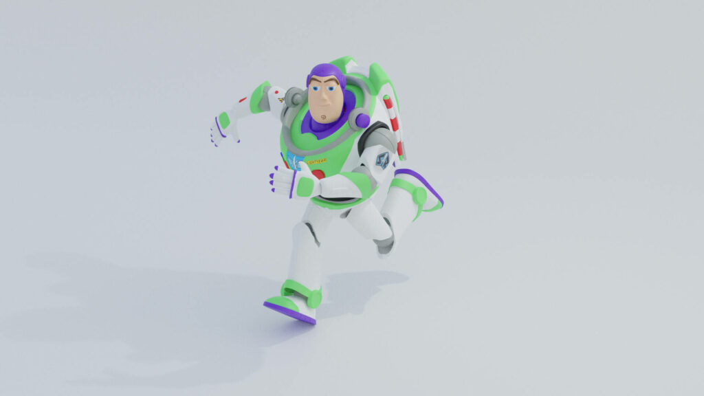 Buzz Lightyear running forward in iconic space suit on white background minimalist wallpaper