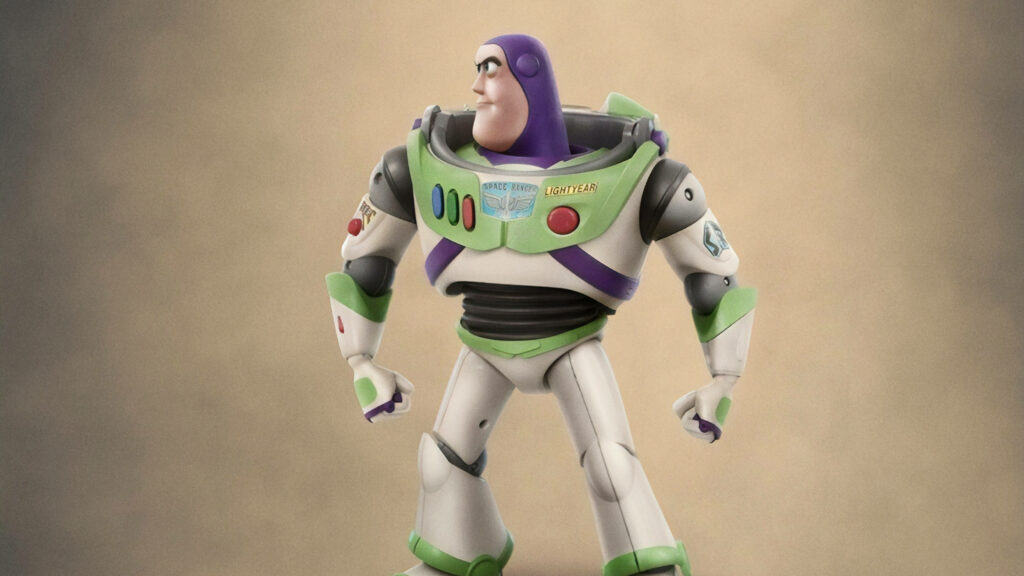 Buzz Lightyear determined side profile in detailed space ranger suit on soft wallpaper background
