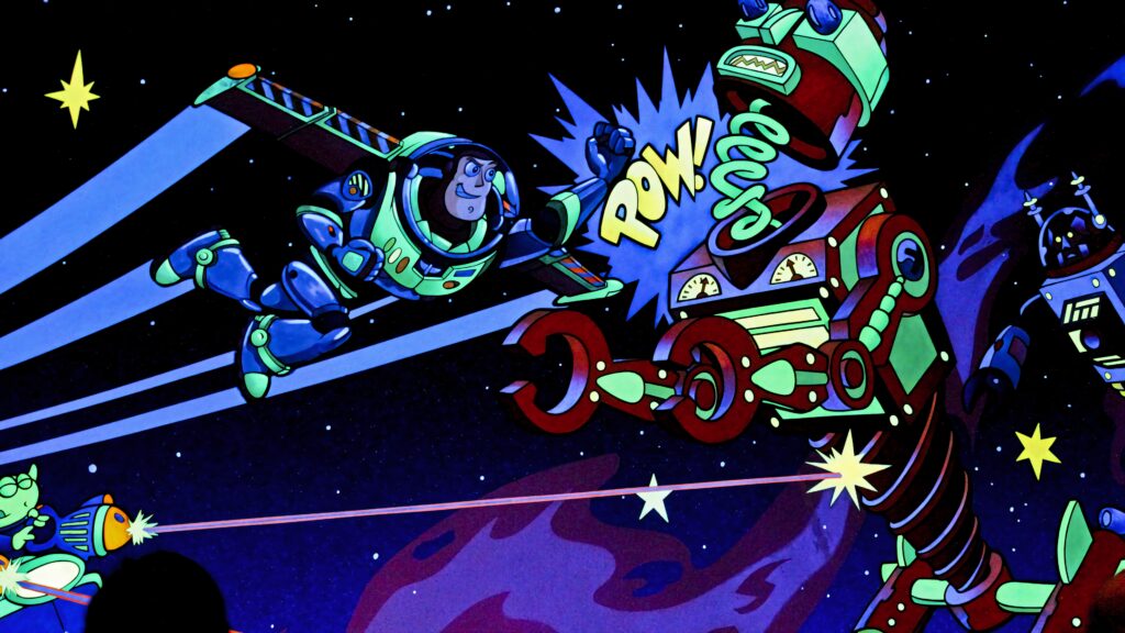 Buzz Lightyear in epic space battle with giant robot vibrant neon sci-fi cartoon wallpaper background