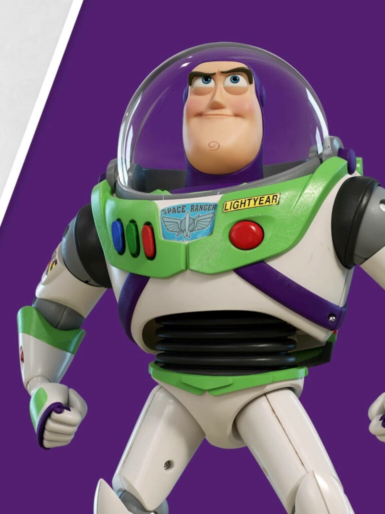 Buzz Lightyear in iconic suit on vibrant purple background animated wallpaper background