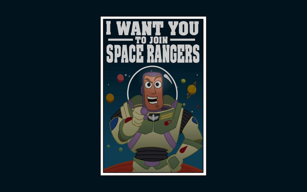 Buzz Lightyear in space ranger suit with colorful cosmic background and bold adventure text Wallpaper