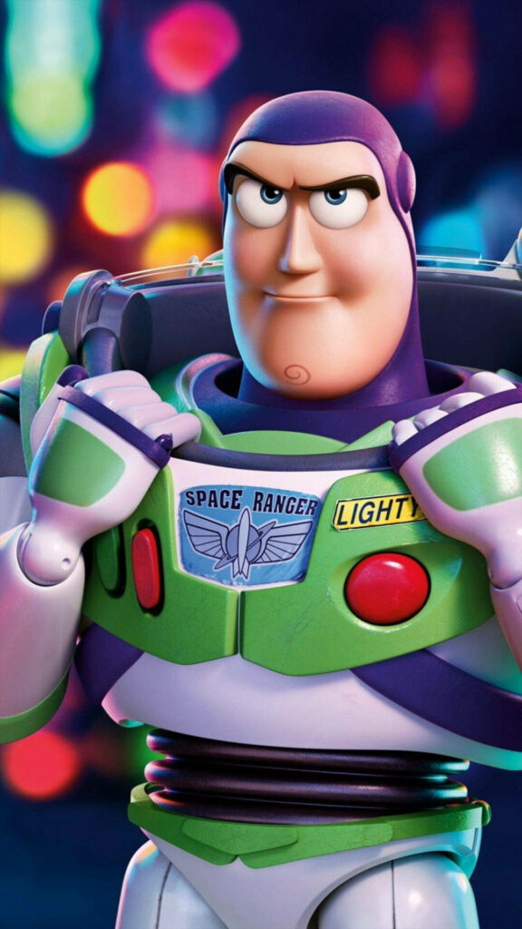 Buzz Lightyear in detailed Space Ranger suit ready for action colorful vibrant wallpaper background