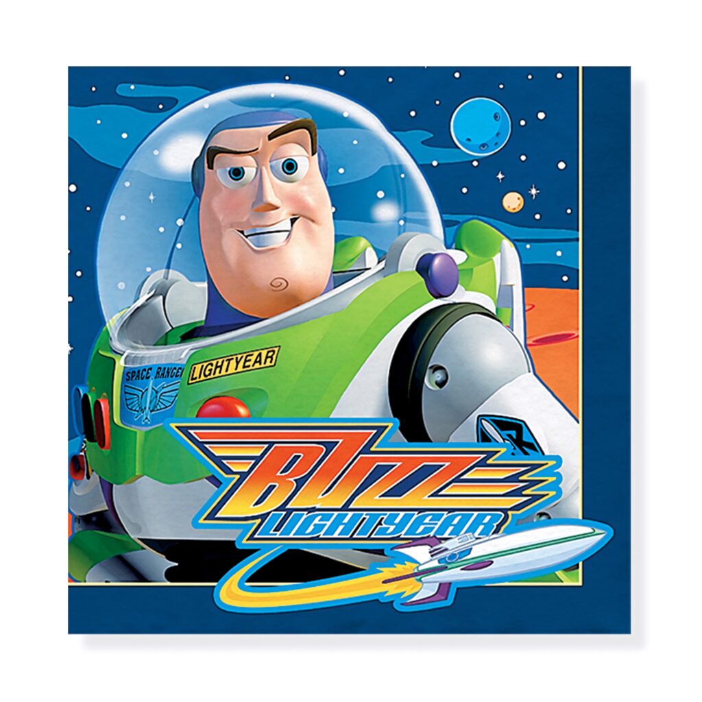 Buzz Lightyear poster wallpaper in green and white suit with colorful space background planets stars