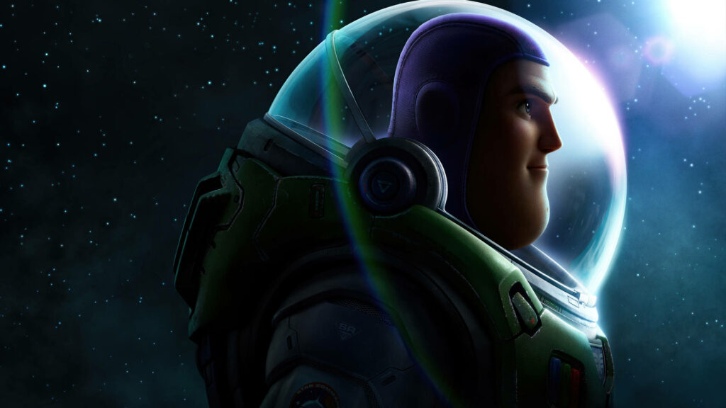 Buzz Lightyear in iconic space suit against starry background glowing with soft light wallpaper