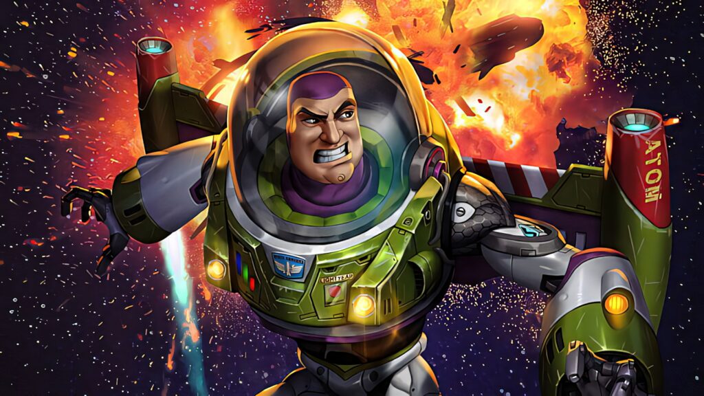 Buzz Lightyear intense space battle with dramatic explosion action-packed wallpaper background