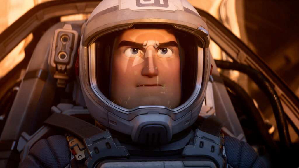 Buzz Lightyear in high-tech spacesuit focused inside spacecraft ready for space adventure wallpaper