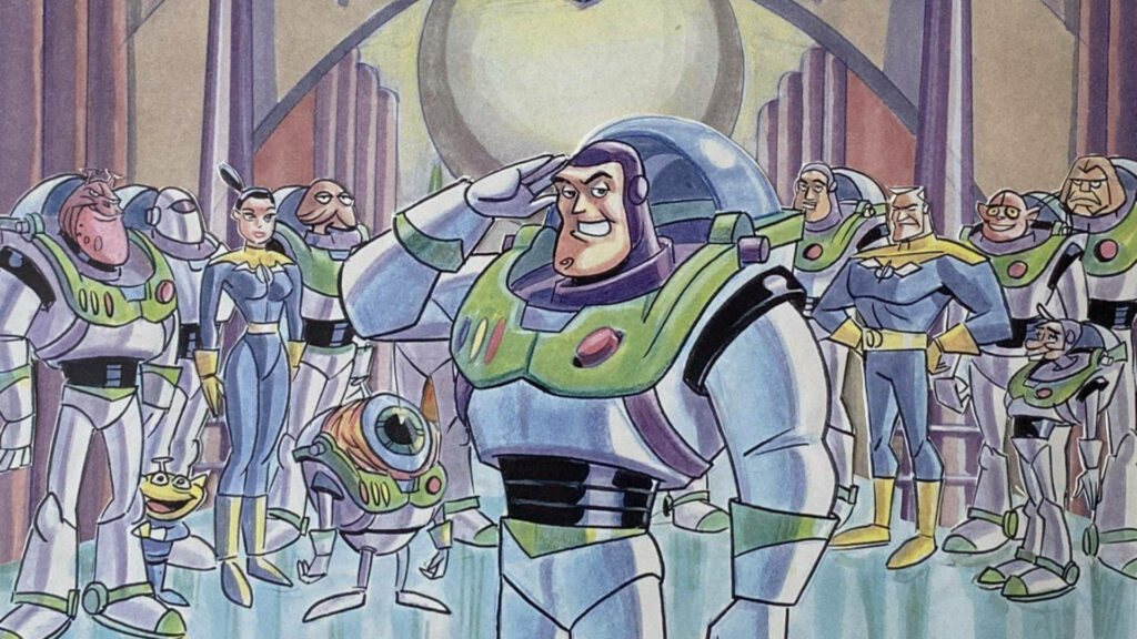 Buzz Lightyear and diverse space rangers in vibrant futuristic suits sci fi command center wallpaper