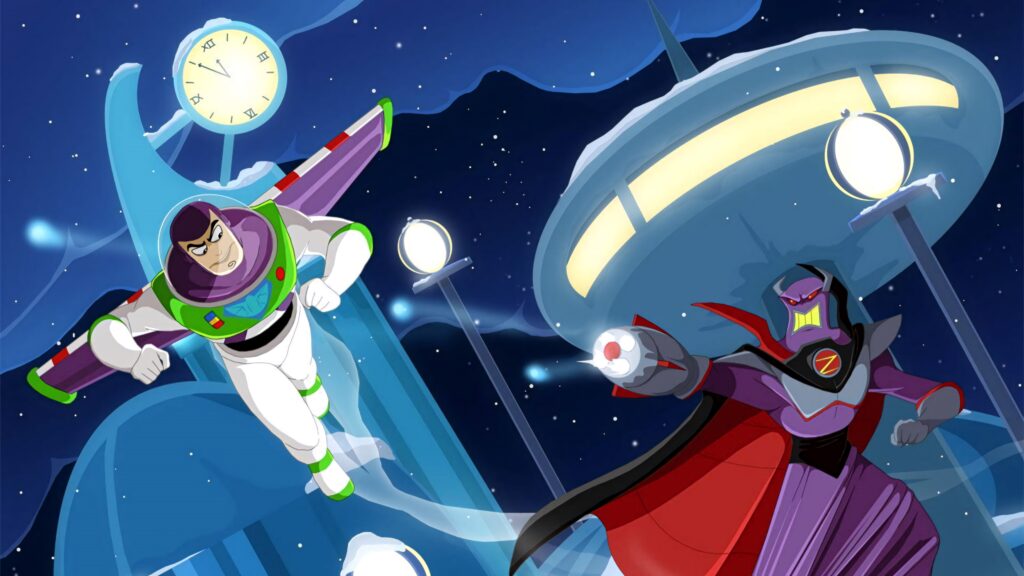 Buzz Lightyear battles Zurg in a dynamic space wallpaper with blue tones and stars background
