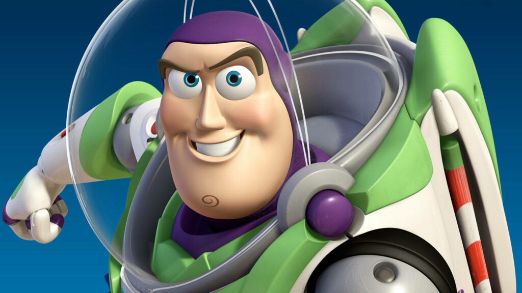 Buzz Lightyear in dynamic heroic pose wearing detailed space suit on blue gradient background Wallpaper
