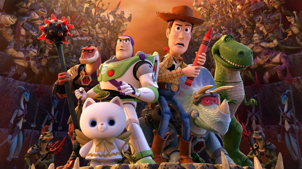 To Infinity and Beyond: A Thrilling Arena Battle with Buzz Lightyear and Friends Wallpaper