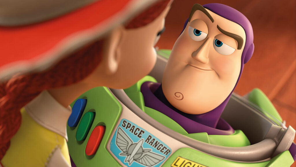 Buzz Lightyear and Jessie Toy Story wallpaper showing heartfelt Pixar moment with vibrant colors