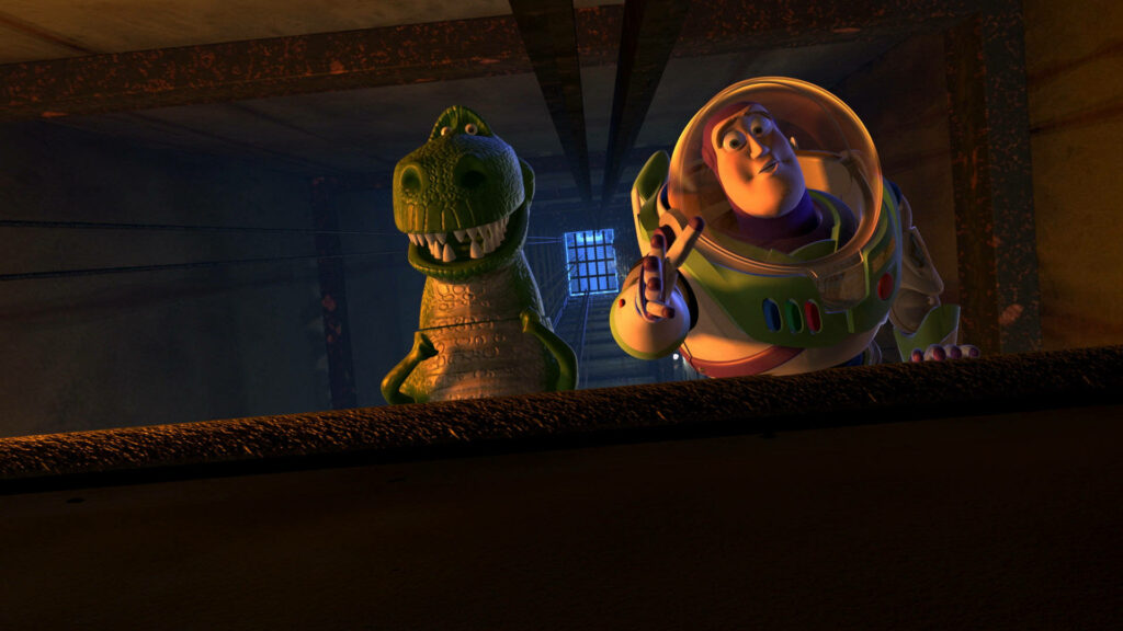 Buzz Lightyear and Rex looking down with surprised expressions in dim Toy Story room background Wallpaper