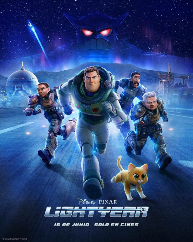 Buzz Lightyear team running on futuristic planet with robotic villain in Lightyear movie wallpaper