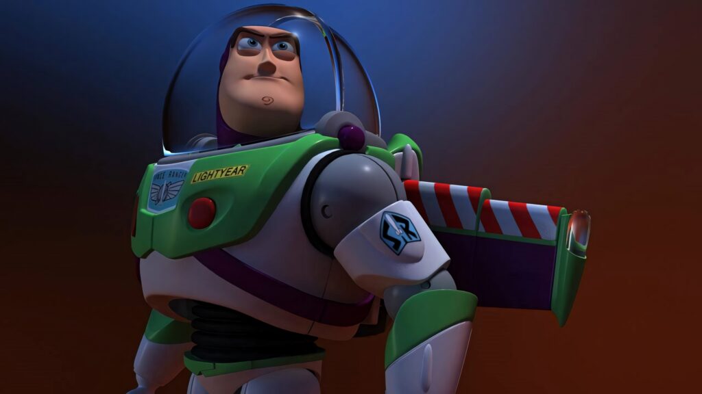Buzz Lightyear in iconic space suit against vibrant colorful backdrop ready for adventure wallpaper