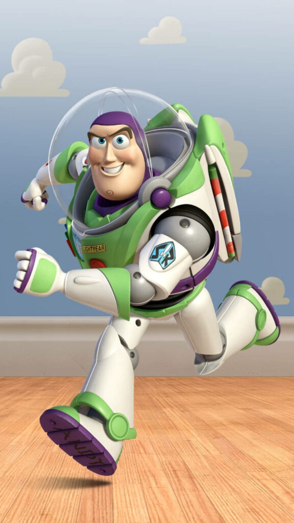 Buzz Lightyear in white green and purple spacesuit against blue cloudy walls Toy Story wallpaper