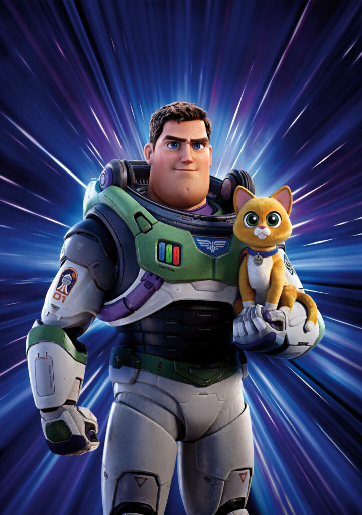 Buzz Lightyear in space suit holding cute cat with cosmic background adventurous wallpaper