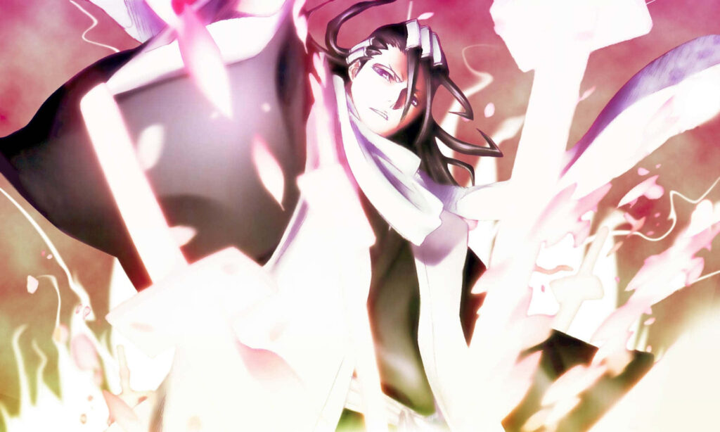 Byakuya Kuchiki anime wallpaper with swirling petals vivid pink white dynamic light effects