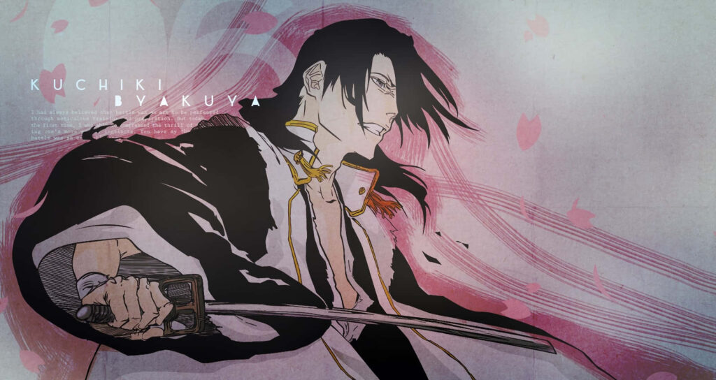 Byakuya Kuchiki Bleach anime wallpaper dynamic pose sword pink petals brushstroke effects