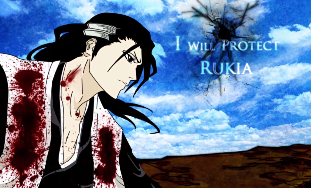 Byakuya Kuchiki anime wallpaper with bloodstained robe and I will protect Rukia text background