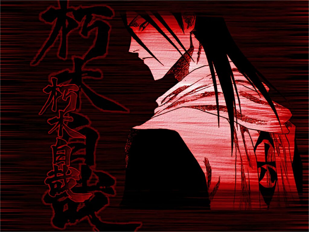 Byakuya Kuchiki wallpaper with bold red black tones stoic expression and dynamic Japanese calligraphy