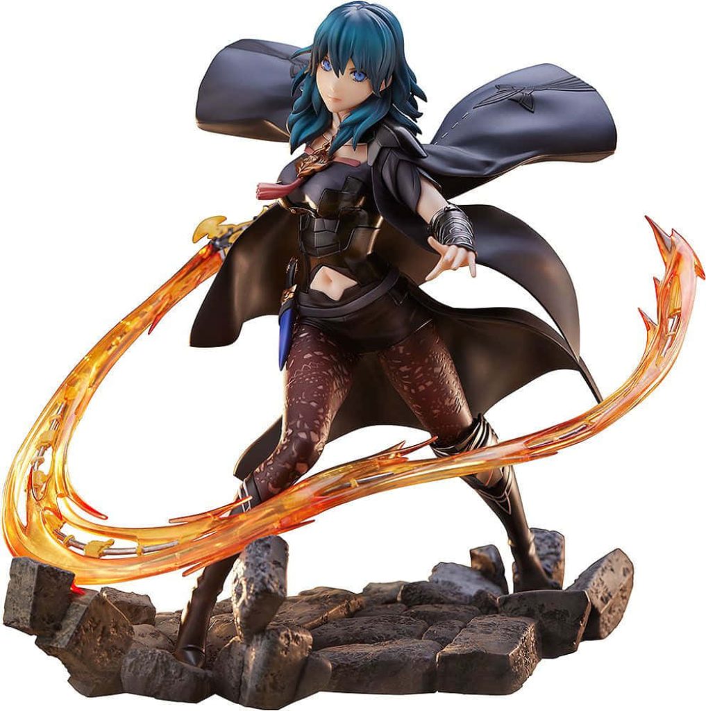 PVC figurine of female Byleth Fire Emblem battle pose with orange flame effects on rocky background Wallpaper