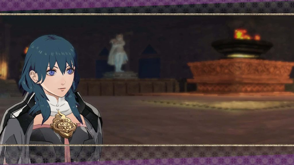 Fire Emblem Three Houses Byleth intense gaze in dim Garreg Mach Monastery stone chamber wallpaper