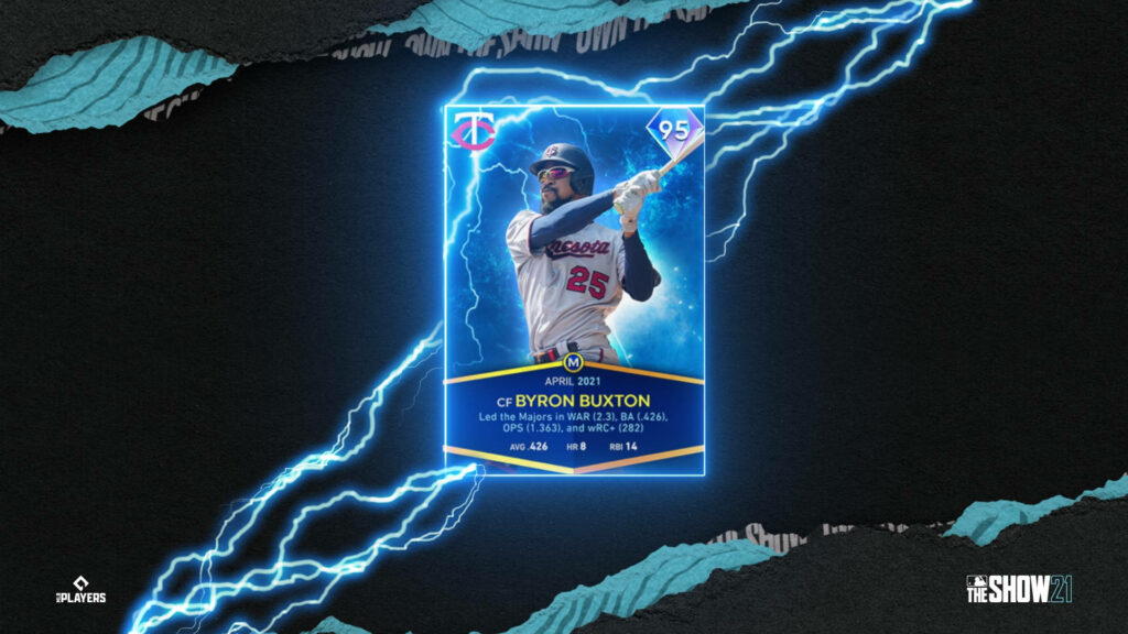 Byron Buxton glowing blue card with lightning bolts on torn black background baseball wallpaper