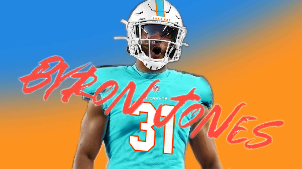Byron Jones in Miami Dolphins jersey with blue orange gradient background and graffiti name Wallpaper