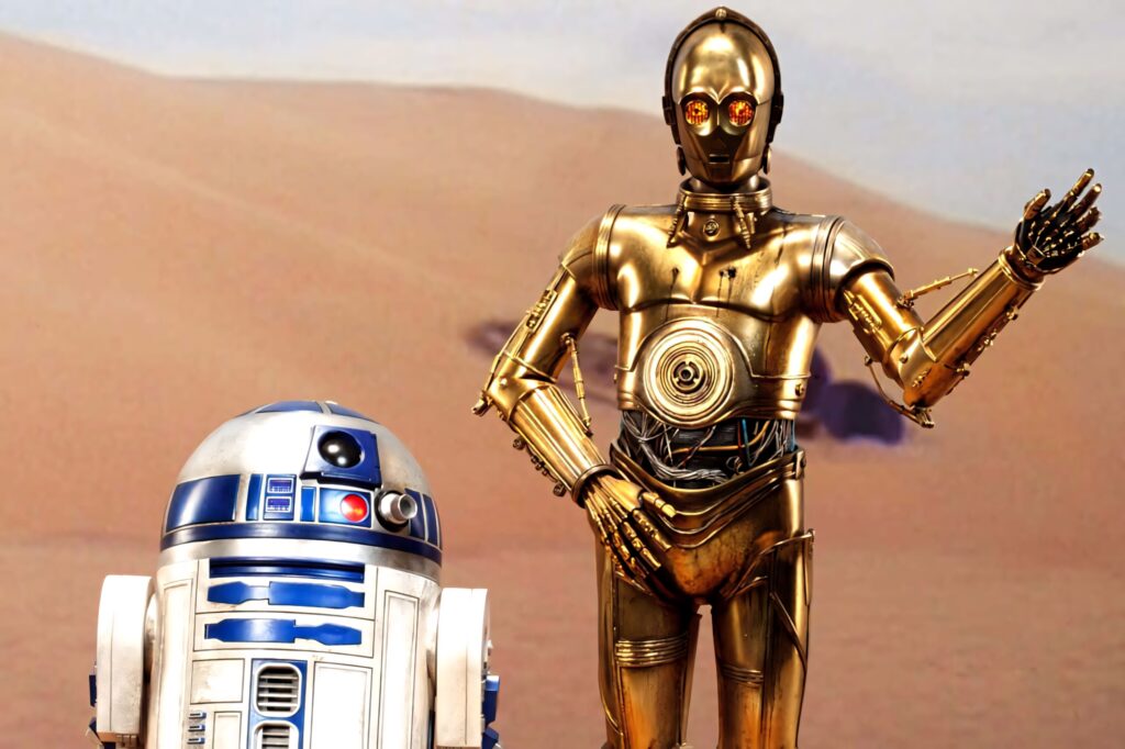 Star Wars wallpaper with C-3PO gold droid and R2-D2 blue white droid in desert scene