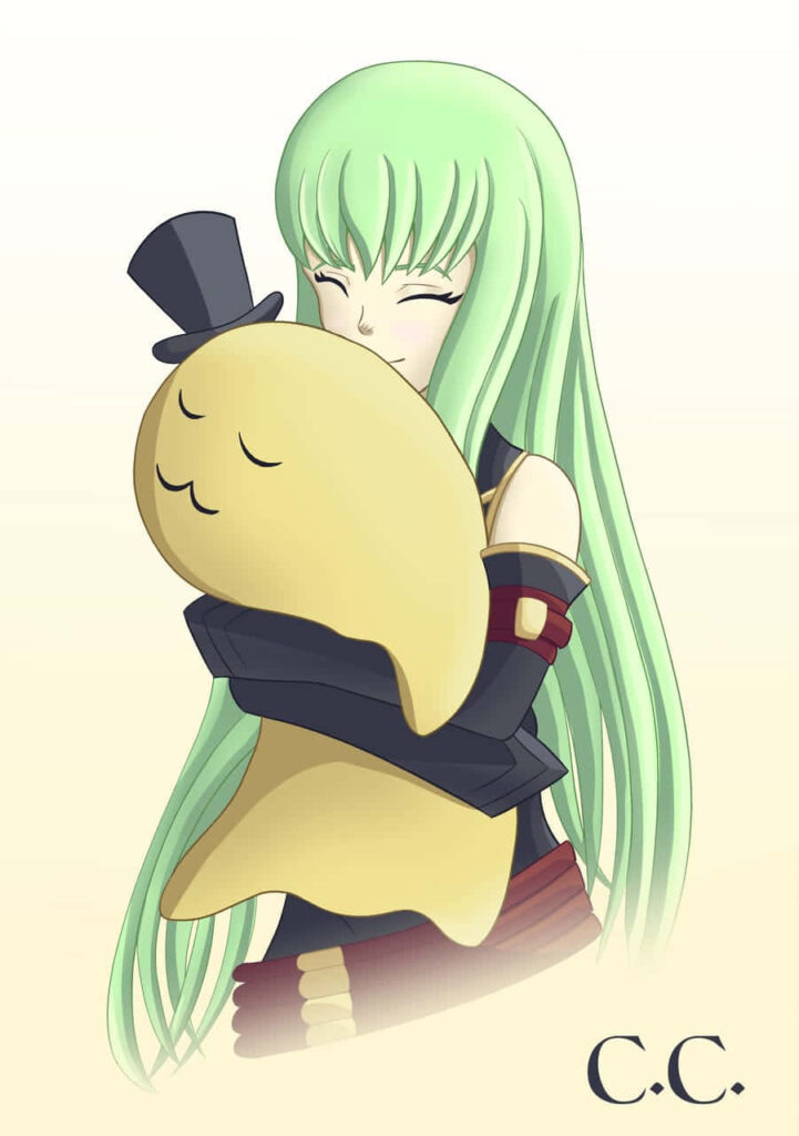 Serene C.C. Hugs Cheese-kun: Cozy Code Geass Wallpaper Background