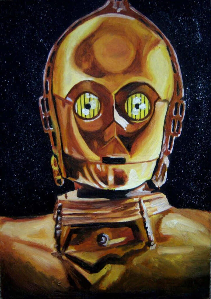 Close-up of C-3PO Star Wars droid with shiny gold plating on starry black background wallpaper