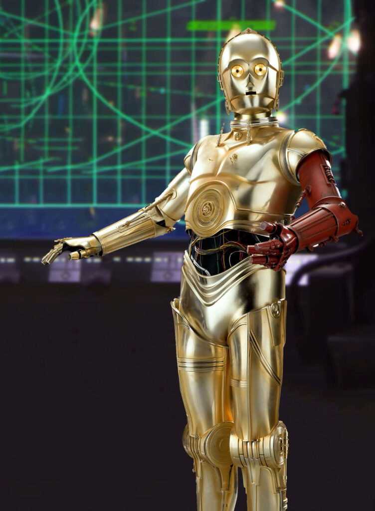 C-3PO with golden body and red arm in front of futuristic digital map Star Wars wallpaper background