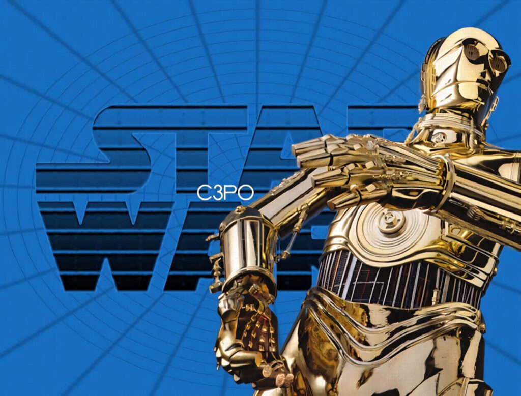 C-3PO Star Wars wallpaper with shiny gold droid on bold blue background and classic logo