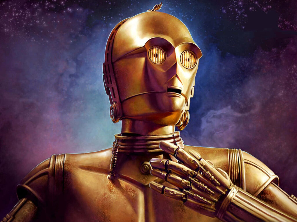 C-3PO Star Wars wallpaper with detailed golden metallic plating on cosmic starry background