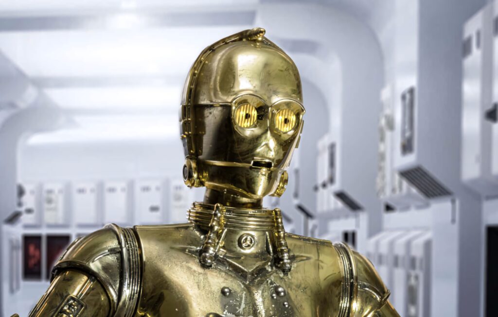 C-3PO Star Wars wallpaper with golden metallic design in futuristic corridor lighting background