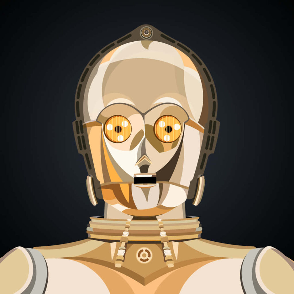 Minimalist vector art of C-3PO from Star Wars with gold metallic finish on dark background wallpaper