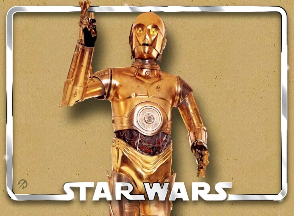 C-3PO golden protocol droid Star Wars wallpaper textured beige background metallic frame