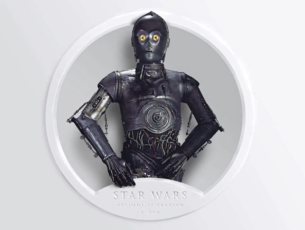 C-3PO unfinished protocol droid with exposed wiring metallic gray design on white background wallpaper