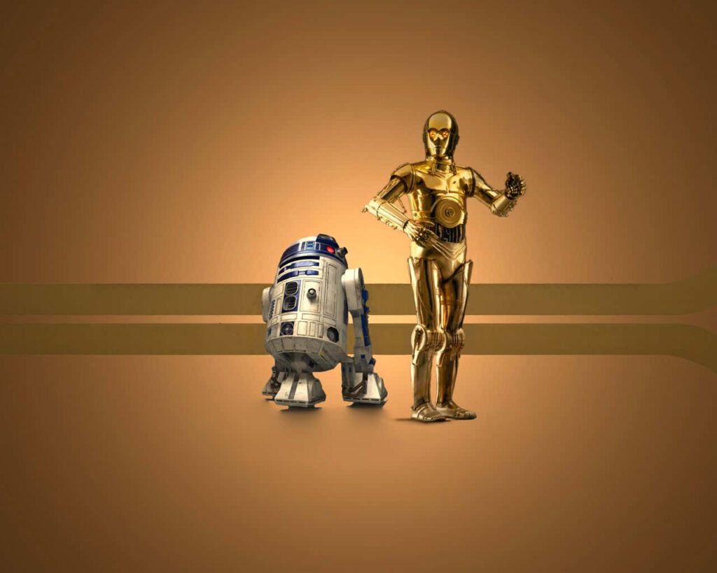 C-3PO and R2-D2 Star Wars droids pose on sleek brown gradient modern minimalistic wallpaper background