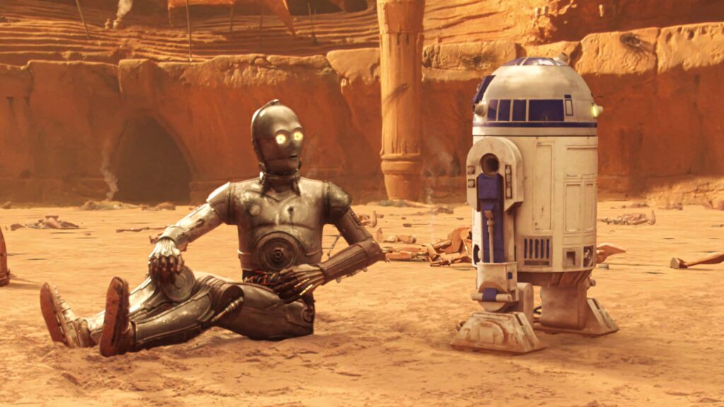 C3PO and R2D2 Star Wars desert arena warm amber tones cinematic sci fi wallpaper background