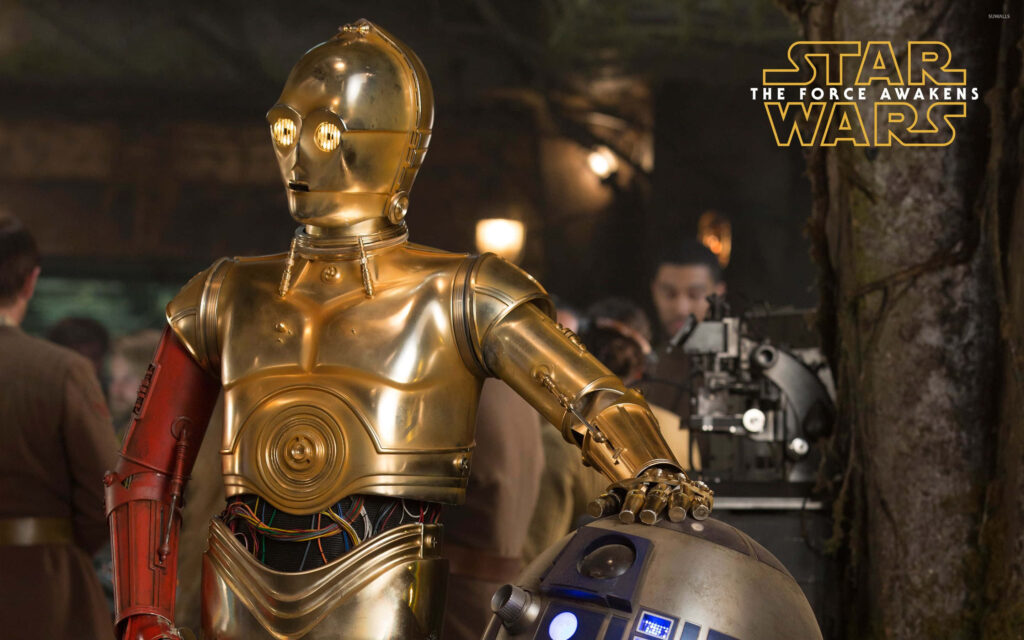 C-3PO with red arm and R2-D2 in tech environment Star Wars wallpaper high-resolution background