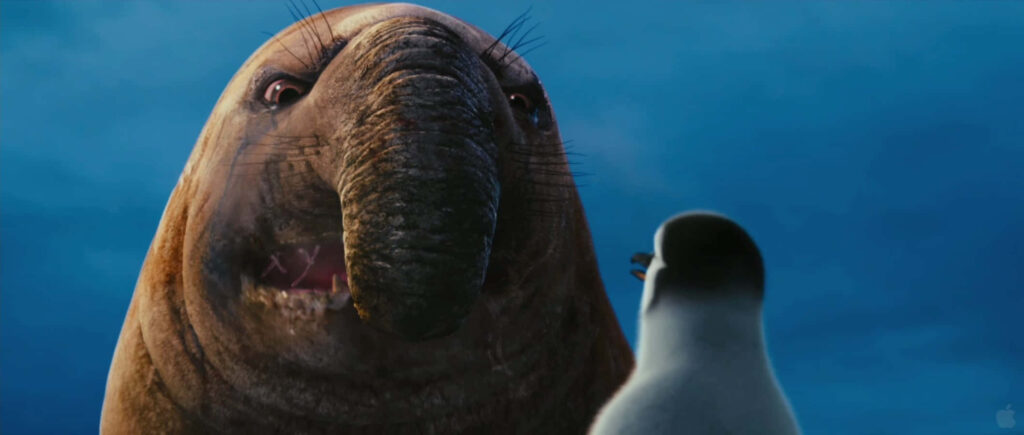 CGI elephant seal faces small penguin blue background realistic textures playful animated wallpaper